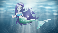 Size: 6400x3600 | Tagged: safe, artist:maneingreen, character:rarity, species:human, my little pony:equestria girls, bandeau, belly button, mermaid, mermaidized, midriff, ocean, species swap, underwater