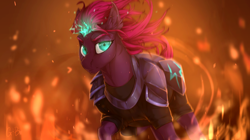 Size: 1700x950 | Tagged: safe, artist:rossignolet, character:tempest shadow, species:pony, species:unicorn, my little pony: the movie (2017), armor, broken horn, clothing, epic, eye scar, eyebrows, female, fire, flowing mane, looking at you, magic, mare, scar, solo, sparking horn