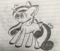 Size: 1024x868 | Tagged: safe, artist:chococakebabe, oc, oc:meadow magic, species:pony, species:unicorn, female, lined paper, mare, monochrome, solo, traditional art