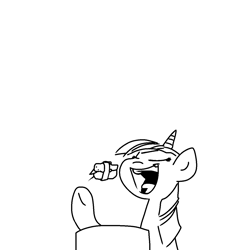 Size: 1280x1280 | Tagged: safe, artist:pencilbrony, character:twilight sparkle, species:bird, species:pony, species:unicorn, black and white, eating, eyes closed, female, food, grayscale, horn, mare, monochrome, open mouth, ponies eating meat, ponies eating seafood, simple background, solo, sushi, white background