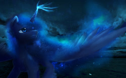 Size: 1280x792 | Tagged: safe, artist:thatonegib, character:princess luna, ethereal mane, female, flying, looking up, magic, night, night sky, sky, smiling, solo, spread wings, unshorn fetlocks, wings