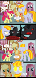 Size: 1240x2644 | Tagged: safe, artist:culu-bluebeaver, character:apple bloom, character:applejack, character:pinkie pie, oc, oc:plague, oc:ruby, species:earth pony, species:pony, comic:the six-winged serpent, comic, dialogue, element of honesty, element of laughter, female, filly, ghost pony, glowing eyes, grimdark series, grotesque series, mare, snake, story of the blanks, sugarcube corner