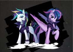 Size: 818x578 | Tagged: safe, artist:murai shinobu, character:rarity, character:twilight sparkle, character:twilight sparkle (alicorn), species:alicorn, species:pony, species:unicorn, alternate hairstyle, clothing, duo, female, jacket, leather jacket, looking at you, mare, punk, punkity, punklight sparkle, raised hoof
