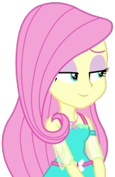 Size: 999x1542 | Tagged: safe, artist:thebarsection, character:fluttershy, g4, my little pony: equestria girls, my little pony:equestria girls, clothing, eyeshadow, female, geode of fauna, lidded eyes, magical geodes, makeup, simple background, smiling, smirk, solo, thinking, transparent background