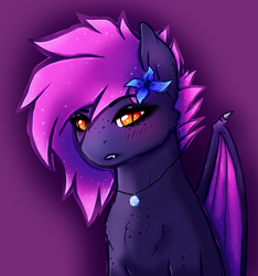 Size: 1541x1649 | Tagged: safe, artist:aaa-its-spook, artist:spook, oc, oc only, oc:spook, species:bat pony, accessories, blushing, chest fluff, eyeliner, eyeshadow, fangs, female, freckles, jewelry, lipstick, looking at you, makeup, necklace, orange eyes, poison joke, purple mane, sitting, solo, wings