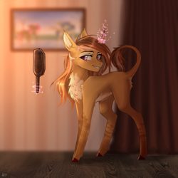 Size: 1000x1000 | Tagged: safe, artist:alicesmitt31, oc, oc only, species:pony, species:unicorn, blurred background, brown coat, brown mane, chest fluff, cloven hooves, curved horn, female, leonine tail, looking at you, magic, mare, smiling, solo, telekinesis