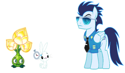 Size: 728x426 | Tagged: safe, artist:drypony198, character:angel bunny, character:soarin', species:pegasus, species:pony, species:rabbit, clothing, flower, gold bloom, necktie, plants vs zombies, plants vs zombies 2: it's about time, police uniform, simple background, sunglasses, watch, white background