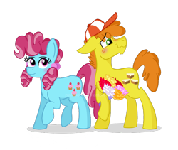 Size: 800x676 | Tagged: safe, artist:pink-pone, character:carrot cake, character:cup cake, species:pony, ship:carrot cup, blushing, bouquet, cap, chiffon swirl, clothing, female, hat, male, shipping, simple background, straight, transparent background, watermark, younger