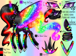 Size: 900x655 | Tagged: safe, artist:nekomellow, oc, oc only, oc:princess neon boom, species:alicorn, species:bird, species:crow, species:pony, alicorn oc, colored horn, colored wings, converse, ear piercing, earring, female, gradient background, heterochromia, jewelry, mare, multicolored wings, piercing, rainbow background, rainbow tail, rainbow wings, shoes, solo