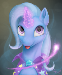 Size: 1171x1400 | Tagged: safe, artist:the1xeno1, character:trixie, species:pony, species:unicorn, blep, female, glowing horn, magic, mare, silly, solo, tongue out