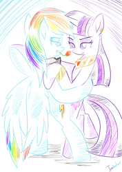 Size: 2480x3507 | Tagged: safe, artist:twidasher, character:rainbow dash, character:twilight sparkle, ship:twidash, female, flower, jewelry, lesbian, mouth hold, regalia, rose, shipping, tango