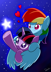 Size: 2480x3507 | Tagged: safe, artist:twidasher, character:rainbow dash, character:twilight sparkle, ship:twidash, female, heart, lesbian, shipping, stars, tangible heavenly object
