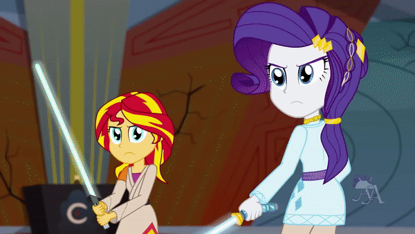 Size: 600x338 | Tagged: safe, artist:amante56, character:rarity, character:sunset shimmer, character:twilight sparkle, character:twilight sparkle (scitwi), species:eqg human, my little pony:equestria girls, animated, crossover, cutie mark clothes, dark jedi, dark side, darth midnight, dual wield, duel of the fates, element of generosity, female, fight, jedi, lightsaber, sith, star wars, twilight is anakin, weapon, wip, youtube link