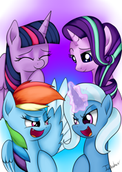 Size: 2480x3507 | Tagged: safe, artist:twidasher, character:rainbow dash, character:starlight glimmer, character:trixie, character:twilight sparkle, character:twilight sparkle (alicorn), species:alicorn, species:pegasus, species:pony, species:unicorn, ship:startrix, ship:twidash, counterparts, fangs, female, glowing horn, lesbian, shipping, smiling, twilight's counterparts