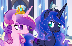 Size: 1024x646 | Tagged: safe, artist:kimyowolf, base used, character:princess cadance, character:princess luna, species:alicorn, species:crystal pony, species:pony, colored wings, colored wingtips, crown, crystal alicorn, crystallized, eye contact, female, jewelry, lidded eyes, looking at each other, mare, open mouth, regalia, smiling