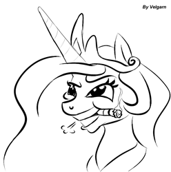 Size: 944x953 | Tagged: safe, artist:velgarn, character:princess celestia, black and white, cigar, cocky, drawthread, female, grayscale, grin, monochrome, request, requested art, smiling, smoking, solo