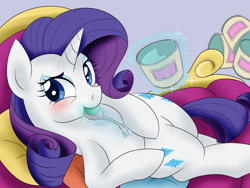 Size: 1200x900 | Tagged: safe, artist:umejiru, character:rarity, species:pony, species:unicorn, eating, fainting couch, female, food, ice cream, looking at you, magic, mare, marshmelodrama, solo, spoon, wip