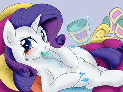 Size: 1200x900 | Tagged: safe, alternate version, artist:umejiru, character:rarity, species:pony, species:unicorn, comfort eating, crying, eating, fainting couch, female, food, ice cream, looking at you, makeup, mare, marshmelodrama, mascara, mascarity, running makeup, solo, spoon