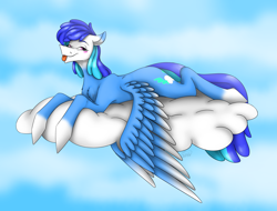 Size: 4069x3087 | Tagged: safe, artist:ggchristian, oc, oc only, oc:cloudy wing, species:pegasus, species:pony, blushing, chest fluff, cloud, colored wings, colored wingtips, cutie mark, female, hooves, looking at you, lying on a cloud, mare, on a cloud, prone, sky, socks (coat marking), solo, spread wings, tongue out, wings