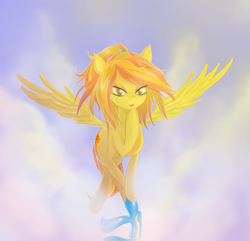 Size: 1197x1153 | Tagged: safe, artist:v-invidia, character:spitfire, species:pegasus, species:pony, clothing, colored pupils, female, flying, mare, smiling, smirk, solo, spread wings, undressing, uniform, wings, wonderbolts uniform
