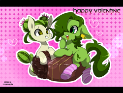 Size: 1200x907 | Tagged: safe, artist:potetecyu_to, oc, oc:saboco, species:earth pony, species:pony, cactus, cactus pony, candy, clothing, duo, female, food, mare, smiling, socks, striped socks, sweets