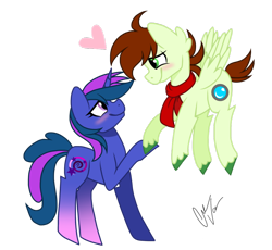 Size: 1024x943 | Tagged: safe, artist:chococakebabe, oc, oc only, oc:aperture, oc:flashpoint, species:pegasus, species:pony, species:unicorn, blushing, gay, heart, male, oc x oc, shipping, simple background, stallion, transparent background