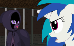 Size: 640x400 | Tagged: safe, artist:herooftime1000, character:dj pon-3, character:vinyl scratch, oc, oc:bittersweet nocturne, jail cell, octavia in the underworld's cello, pixel art