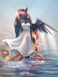 Size: 1500x2000 | Tagged: safe, artist:alicesmitt31, oc, oc only, species:alicorn, species:anthro, species:pegasus, species:pony, alicorn oc, anthro oc, clothing, digital art, dress, female, mare, smiling, solo, spread wings, water, white dress, wings