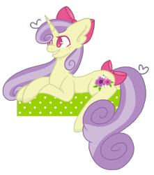Size: 1503x1700 | Tagged: safe, artist:chococakebabe, oc, oc:meadow blossom, species:pony, species:unicorn, bow, female, hair bow, mare, prone, simple background, solo, transparent background