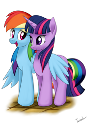 Size: 2480x3507 | Tagged: safe, artist:twidasher, character:rainbow dash, character:twilight sparkle, species:pegasus, species:pony, species:unicorn, ship:twidash, female, hug, lesbian, open mouth, shipping, simple background, smiling, white background, winghug