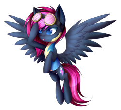 Size: 2827x2551 | Tagged: safe, artist:snowbunny0820, oc, oc:neon flare, species:pegasus, species:pony, clothing, female, goggles, hair over one eye, high res, mare, simple background, solo, transparent background, uniform, wonderbolt trainee uniform