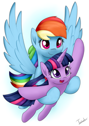 Size: 2480x3507 | Tagged: safe, artist:twidasher, character:rainbow dash, character:twilight sparkle, species:pegasus, species:pony, species:unicorn, ship:twidash, cute, dashabetes, female, flying, lesbian, mare, shipping, simple background, twiabetes, white background