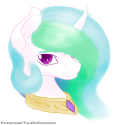 Size: 900x961 | Tagged: safe, artist:thatonechangeling, artist:thatonegib, character:princess celestia, species:alicorn, species:pony, bust, doodle, ethereal mane, female, looking at you, missing accessory, patreon link, portrait, simple background, solo, white background