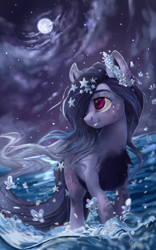 Size: 1000x1600 | Tagged: safe, artist:rossignolet, oc, oc only, species:earth pony, species:pony, belly fluff, blank flank, chest fluff, cloud, dappled, female, flower, flower in hair, mare, moon, night, ocean, smiling, solo, stars, water