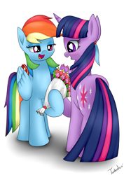 Size: 2480x3507 | Tagged: safe, artist:twidasher, character:rainbow dash, character:twilight sparkle, species:pegasus, species:pony, species:unicorn, ship:twidash, blue feather, bouquet, female, heart eyes, lesbian, lidded eyes, mare, shipping, simple background, smiling, white background, wingding eyes