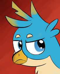 Size: 410x501 | Tagged: safe, artist:itsthinking, character:gallus, species:griffon, bust, frown, glare, gradient background, portrait, red background, simple background