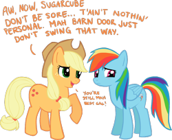 Size: 796x651 | Tagged: safe, artist:naroclie, character:applejack, character:rainbow dash, species:earth pony, species:pegasus, species:pony, ship:appledash, blushing, duo, female, friendzone, lesbian, male, mare, rejection, sad, shipping, shipping denied, simple background, straight, transparent background