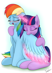 Size: 2480x3507 | Tagged: safe, artist:twidasher, character:rainbow dash, character:twilight sparkle, character:twilight sparkle (unicorn), species:pegasus, species:pony, species:unicorn, ship:twidash, eyes closed, female, glowing horn, lesbian, magic, mare, massage, preening, shipping, smiling, wing massage