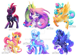 Size: 1024x742 | Tagged: safe, artist:flying-fox, character:angel bunny, character:fluttershy, character:princess luna, character:princess skystar, character:rarity, character:spike, character:tempest shadow, character:trixie, species:alicorn, species:classical hippogriff, species:earth pony, species:hippogriff, species:pegasus, species:pony, species:rabbit, species:unicorn, ship:sparity, my little pony: the movie (2017), adult, adult spike, armor, butterfly, cape, clothing, crown, female, hat, jewelry, looking at you, male, mare, older, older spike, regalia, shelldon, shelly, shipping, simple background, straight, trixie's cape, trixie's hat, watermark, white background