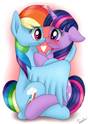 Size: 2480x3507 | Tagged: safe, artist:twidasher, character:rainbow dash, character:twilight sparkle, ship:twidash, blushing, cute, dashabetes, female, heart, hug, lesbian, looking at each other, shipping, twiabetes, winghug