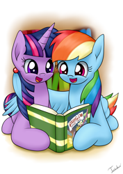 Size: 2480x3507 | Tagged: safe, artist:twidasher, character:rainbow dash, character:twilight sparkle, species:pony, ship:twidash, book, bookshelf, cute, daring do and the sapphire statue, dashabetes, feather, female, hug, lesbian, shipping, twiabetes, winghug