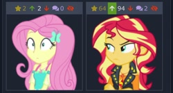 Size: 640x344 | Tagged: safe, artist:thebarsection, character:fluttershy, character:sunset shimmer, derpibooru, g4, my little pony: equestria girls, my little pony:equestria girls, exploitable meme, forced juxtaposition, juxtaposition, meme, meta