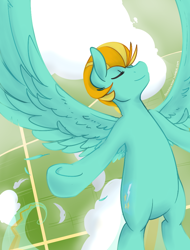 Size: 780x1024 | Tagged: safe, artist:shadowkixx, character:lightning dust, species:pegasus, species:pony, cloud, eyes closed, feather, female, flying, happy, mare, smiling, solo, speed trail, spread wings, trail, underhoof, vertigo, wings