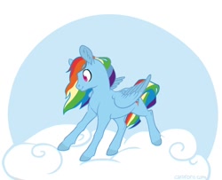 Size: 800x650 | Tagged: safe, artist:naroclie, character:rainbow dash, species:pegasus, species:pony, cloud, ear fluff, female, folded wings, mare, on a cloud, smiling, solo, wings