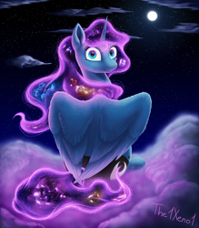 Size: 1280x1458 | Tagged: safe, artist:the1xeno1, character:princess luna, species:pony, ethereal mane, female, galaxy mane, looking at you, looking back, moon, night, rear view, smiling