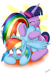 Size: 2480x3507 | Tagged: safe, artist:twidasher, character:rainbow dash, character:twilight sparkle, species:pegasus, species:pony, ship:twidash, blushing, butthug, eyes closed, faceful of ass, female, happy, horn, hug, lesbian, looking back, mare, shipping, smiling, wings