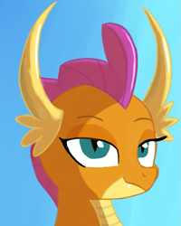 Size: 583x727 | Tagged: safe, artist:itsthinking, character:smolder, species:dragon, blue background, bust, dragoness, fangs, female, gradient background, horns, lidded eyes, portrait, simple background, smiling, solo