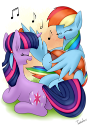 Size: 2480x3507 | Tagged: safe, artist:twidasher, character:rainbow dash, character:twilight sparkle, species:pegasus, species:pony, species:unicorn, ship:twidash, blue feather, female, guitar, lesbian, shipping, singing