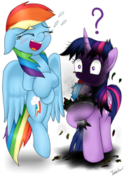 Size: 2480x3507 | Tagged: safe, artist:twidasher, character:rainbow dash, character:twilight sparkle, species:pegasus, species:pony, species:unicorn, ship:twidash, blue feather, crying, duo, female, laughing, lesbian, mare, prank, question mark, shipping, shocked, simple background, tears of laughter, white background