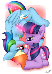 Size: 2480x3507 | Tagged: safe, artist:twidasher, character:rainbow dash, character:twilight sparkle, species:pegasus, species:pony, species:unicorn, ship:twidash, blue feather, blushing, female, lesbian, looking at each other, magic, shipping